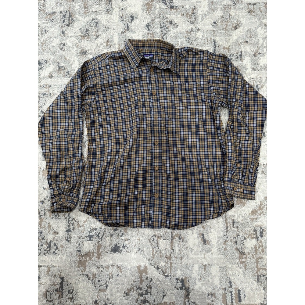Patagonia Organic Cotton Flannel Shirt Mens M Medium Yellow Tan Blu Plaid Button